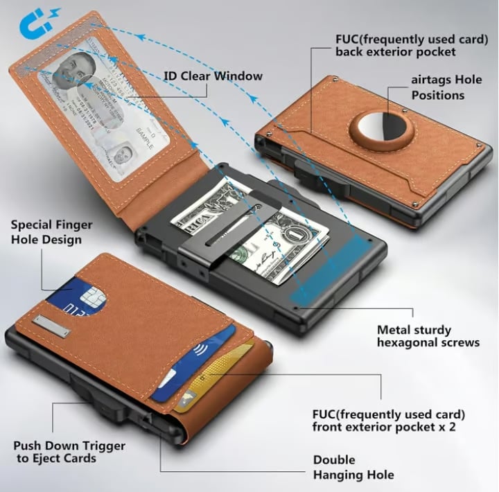 ✨Wallet for Men - with Pop Up Aluminum Case Money Clip Slim Leather Slots Credit Card Holder RFID Blocking Bifold Minimalist Wallet detail view