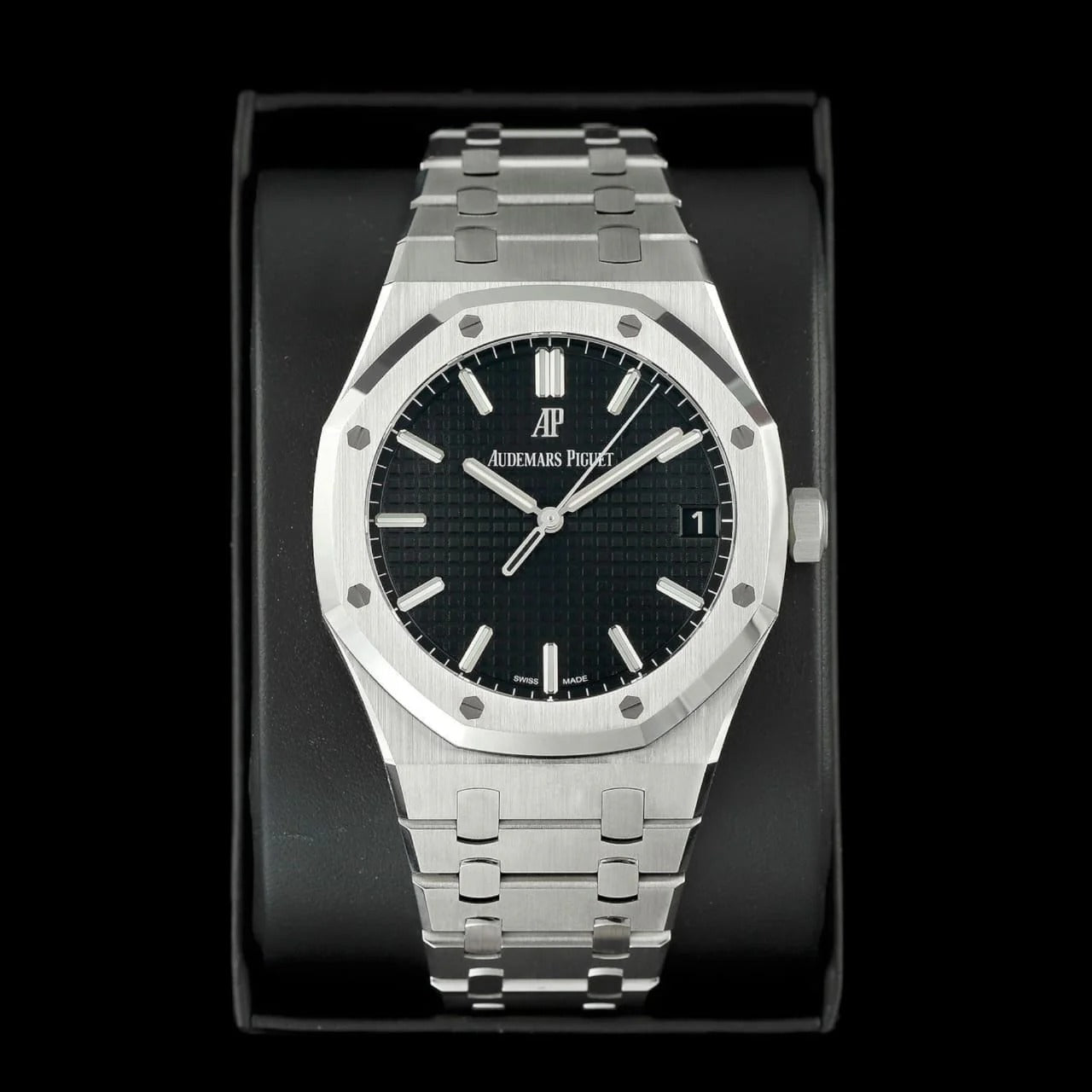 Luxury Octagonal Dial Stainless Steel Watch for Men – Black Textured Dial, Quartz Movement, Premium Designer Style Wristwatch